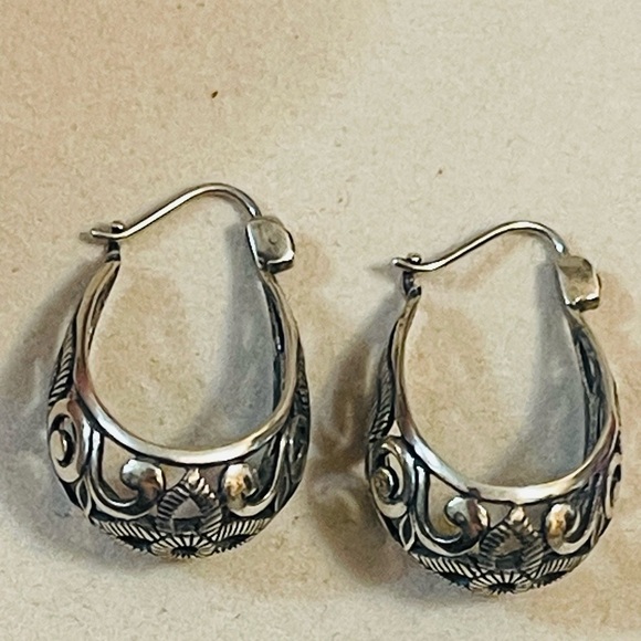 VTG Steering Silver 925 Open Scroll Filigree Basket Hoop Earring - Picture 5 of 7